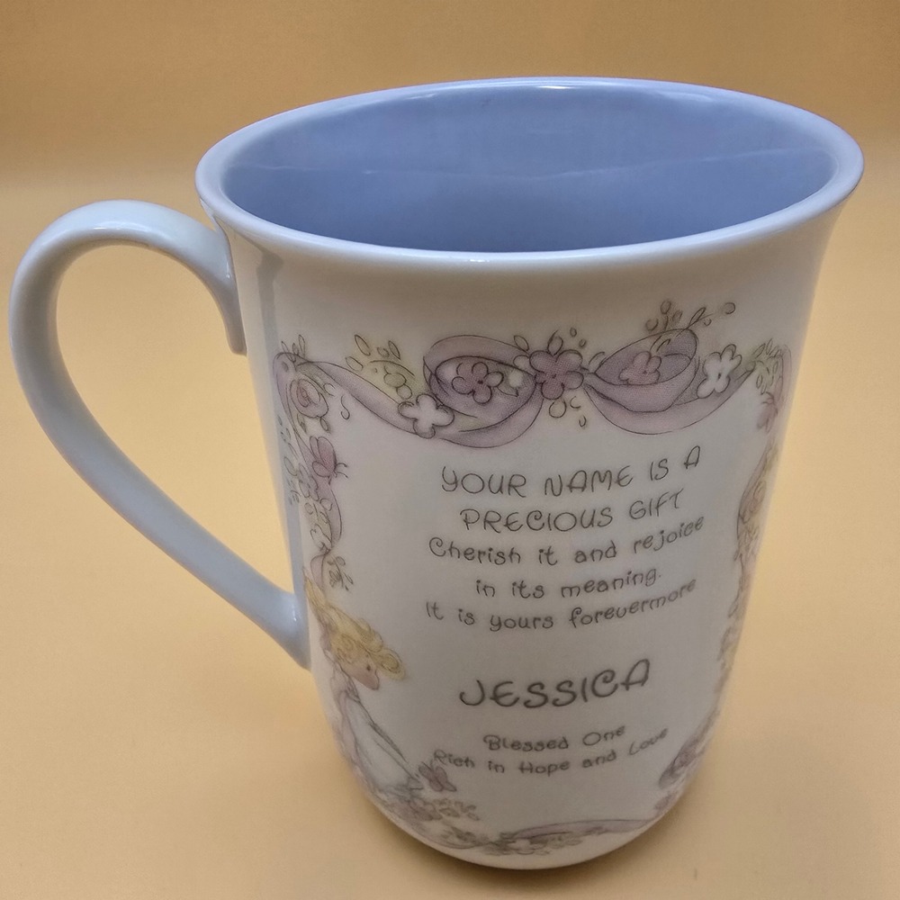 Vintage 1990 Precious‎ Moments Jessica Name Coffee Mug Enesco Ceramic Blue White